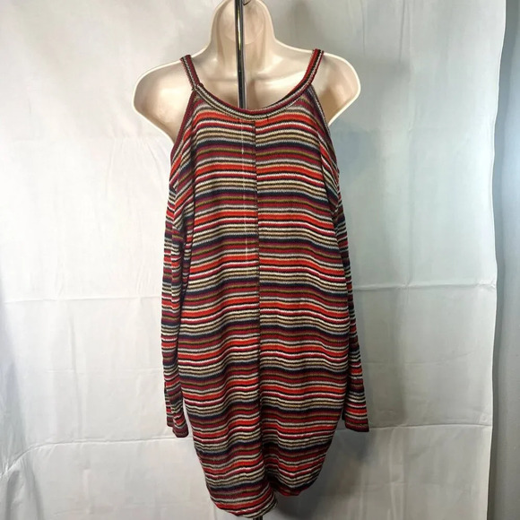 Cherish Cold Shoulder Multicolor Striped Knit Tunic Sweater Size Medium - Picture 3 of 10